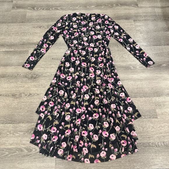 WHBM Floral Mesh Wrap Midi Dress Black Pink 10 bohemian preppy girly party boho - Picture 12 of 14